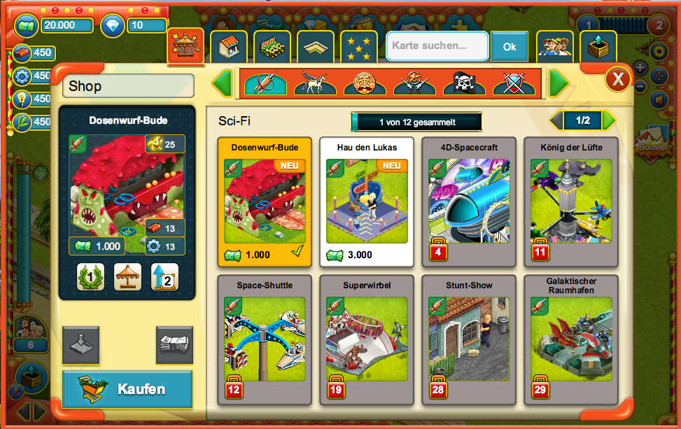 My Fantastic Park: Jede Attraktion kostet Geld. Mit steigendem Level kannst du weitere Gebäude freischalten.