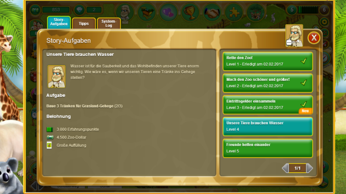 My Free Zoo: Das Zoospiel bietet dir jede Menge Aufgaben und Quests, die es erfolgreich abzuschließen gilt.